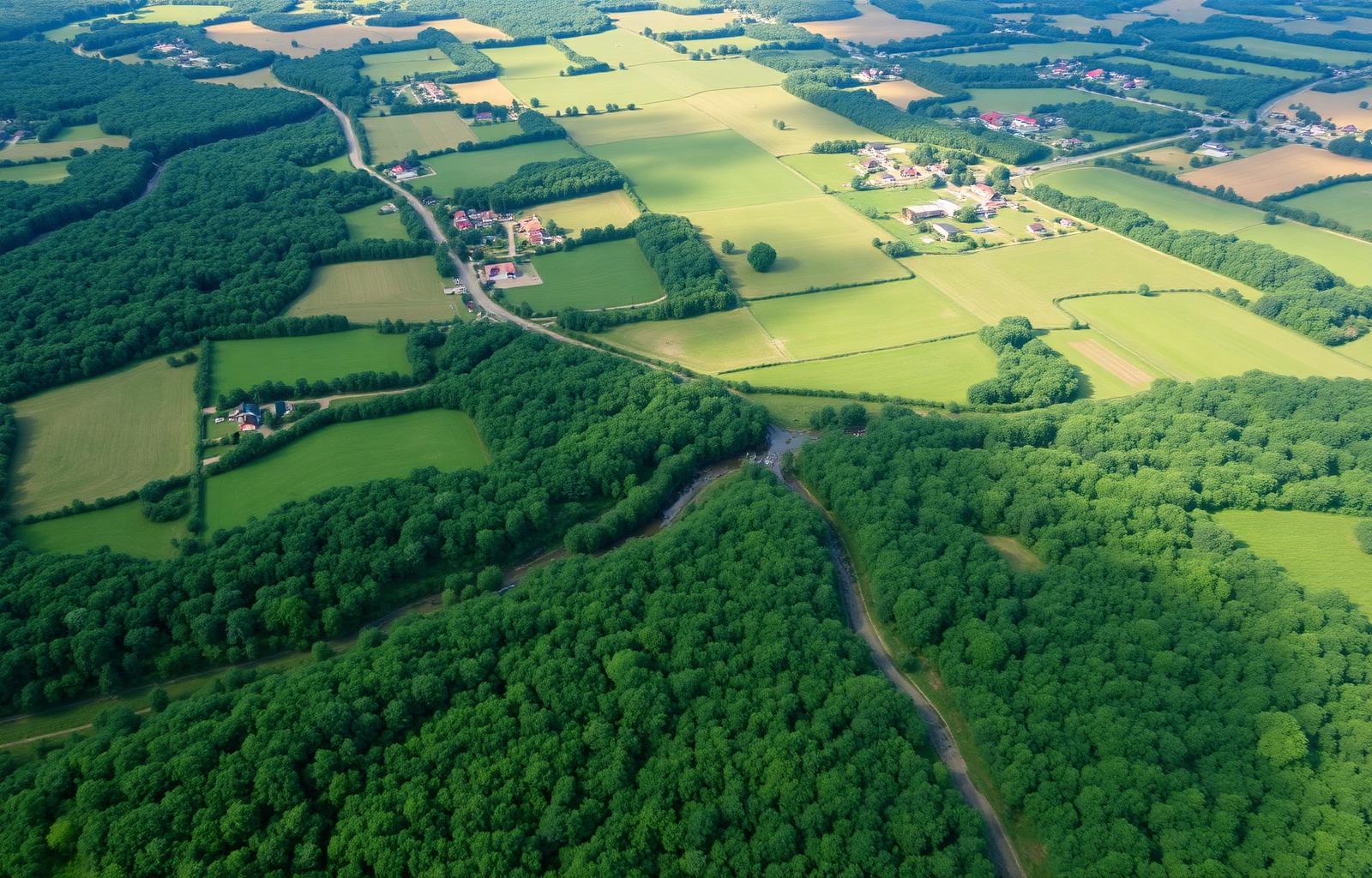 Aerial view of Orange County farmland and forest in the Hudson Valley