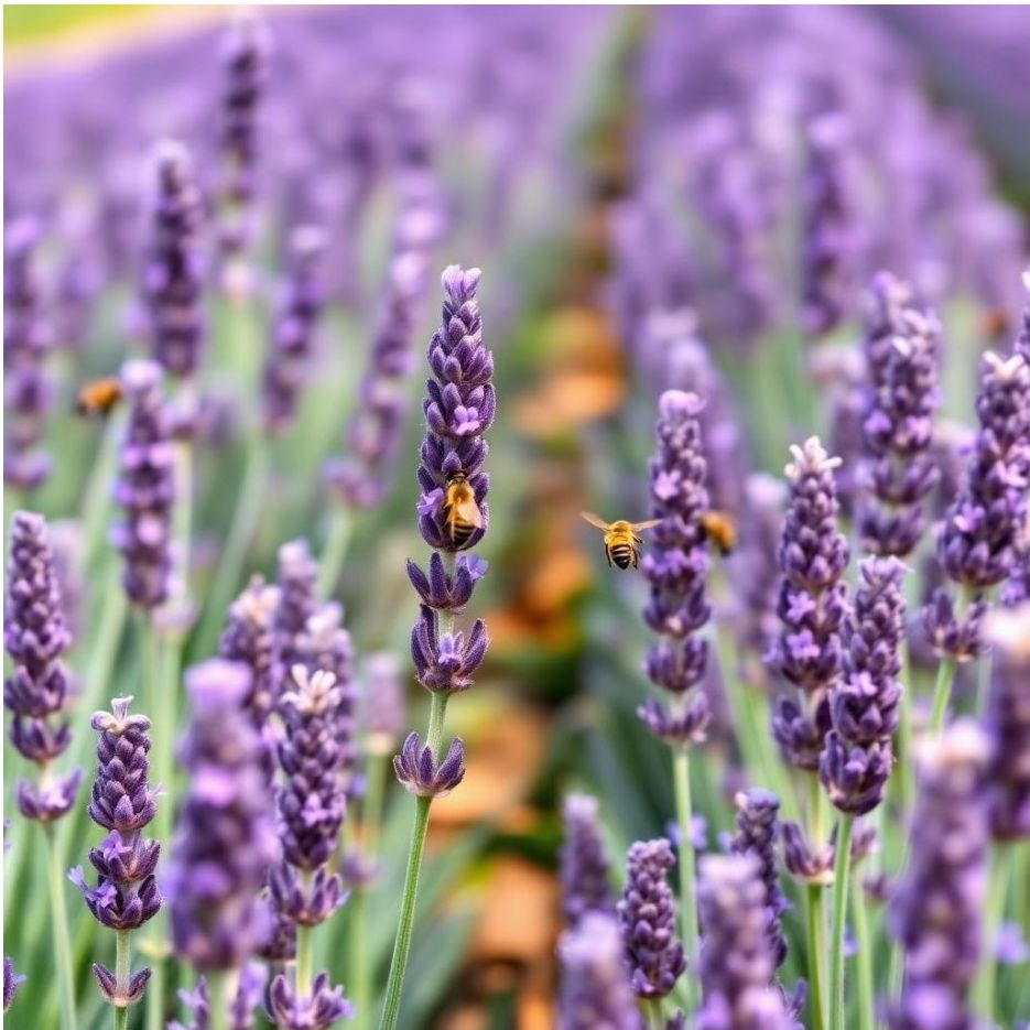 Field of purple lavender with bees