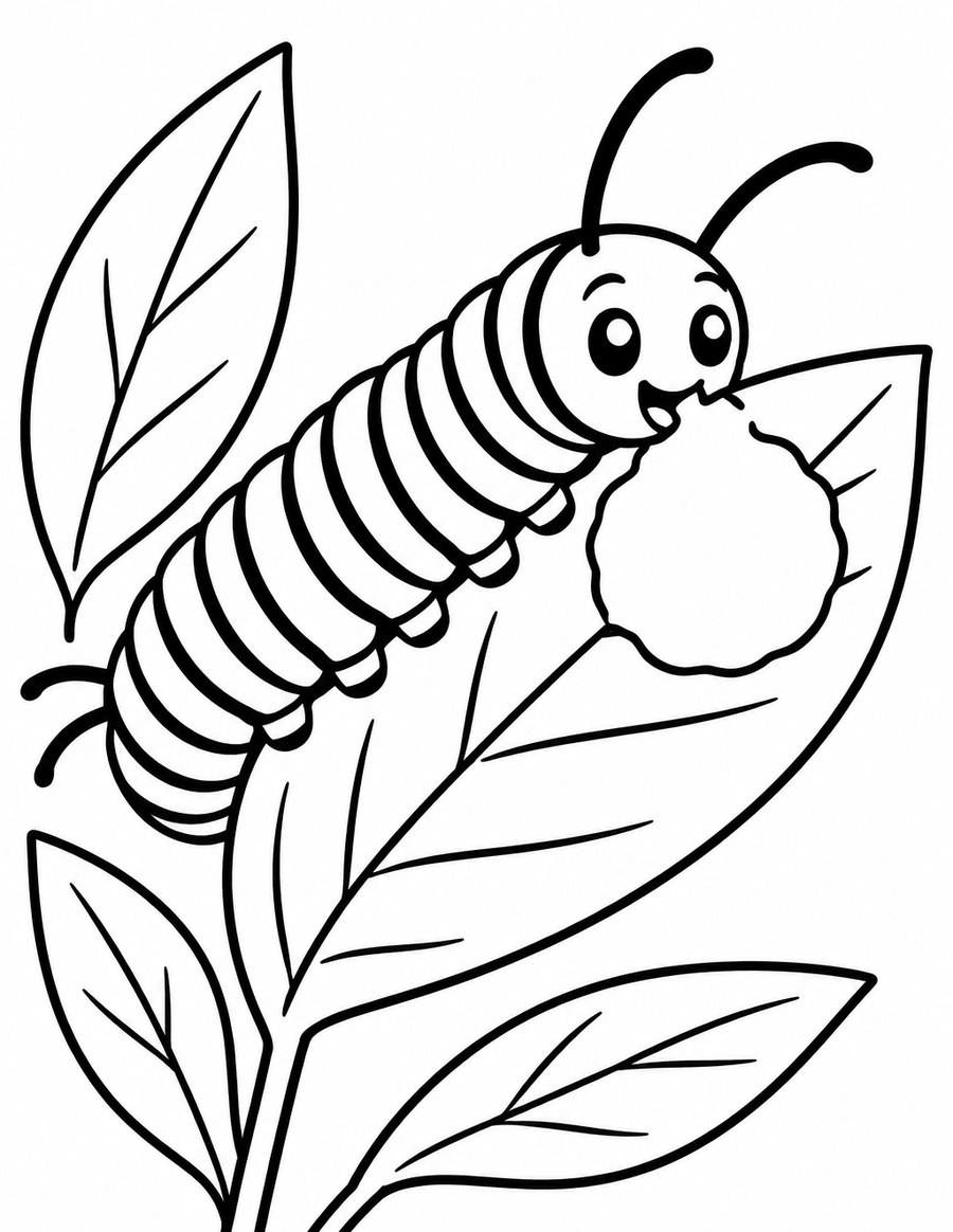 Coloring page: a monarch caterpillar chewing a milkweed leaf
