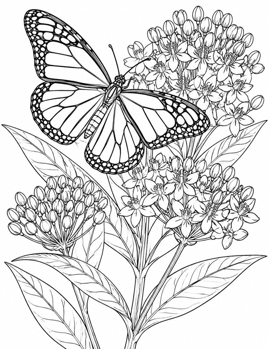 Coloring page: a monarch butterfly nectaring on swamp milkweed