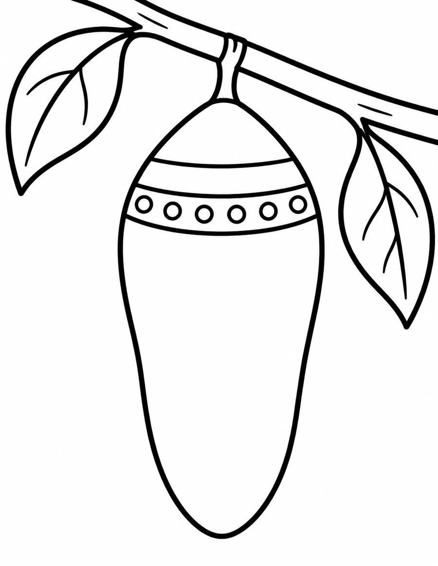 Coloring page: a monarch chrysalis hanging from a twig with a ring of gold dots