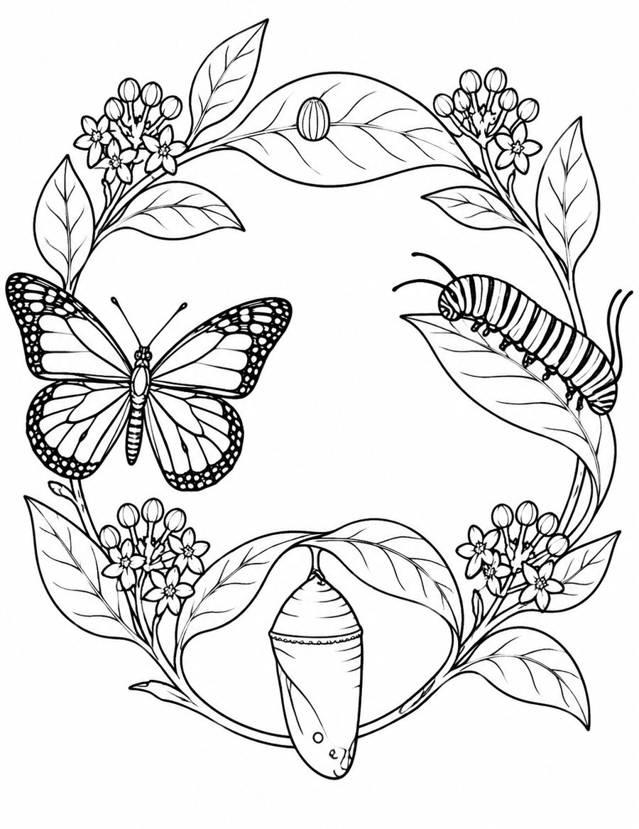 Coloring page: the monarch life cycle drawn as a wheel of egg, caterpillar, chrysalis and adult