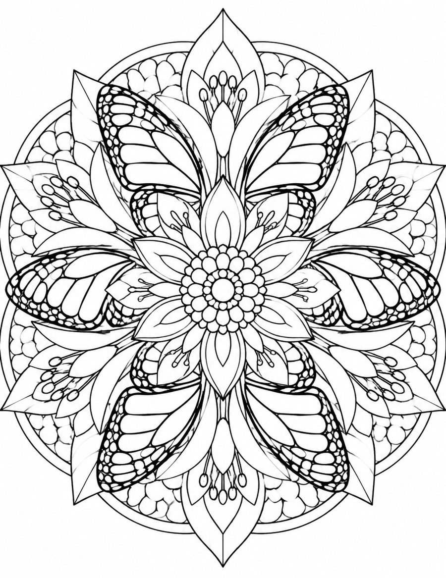 Coloring page: a mandala built from monarch wings and native flowers