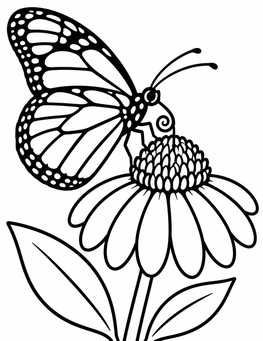 Coloring page: a monarch sipping nectar from a coneflower with its long proboscis