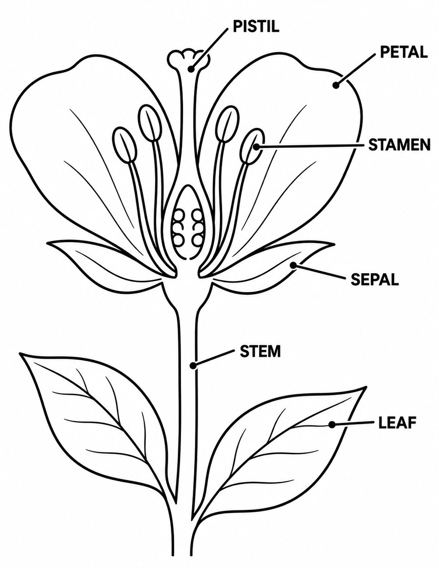 Coloring page: a flower cut in half with petal, stamen, pistil, sepal, stem and leaf labeled