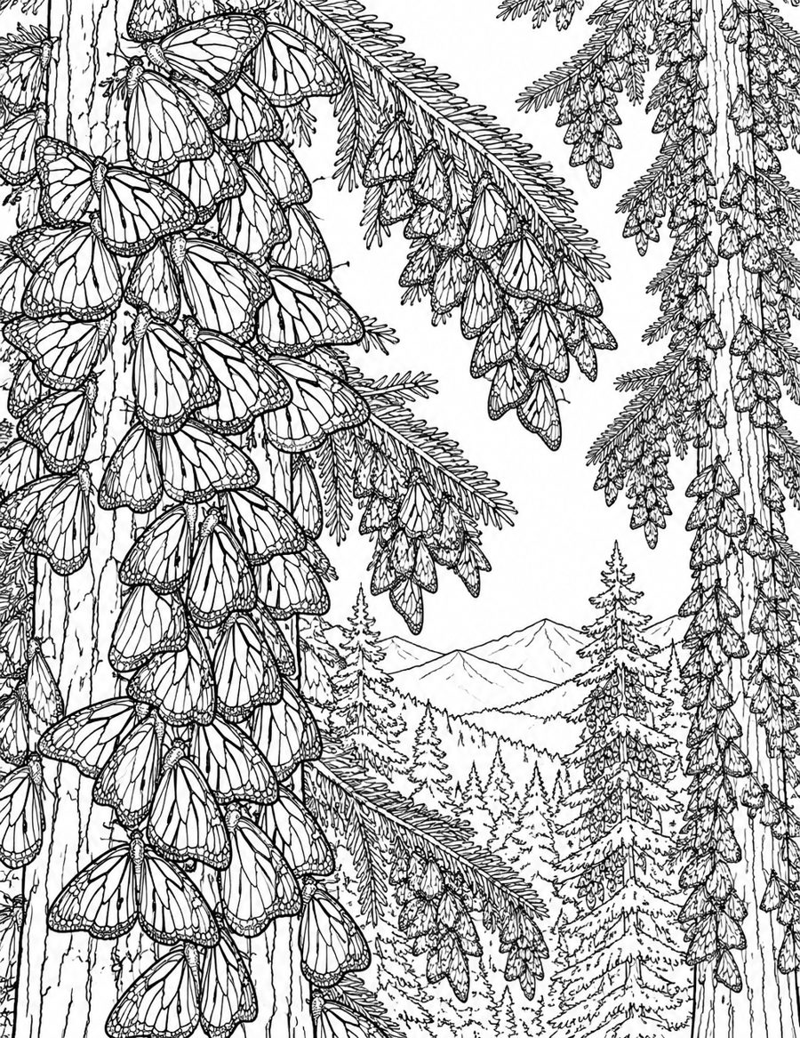 Coloring page: monarchs clustered on oyamel fir branches in their overwintering grove