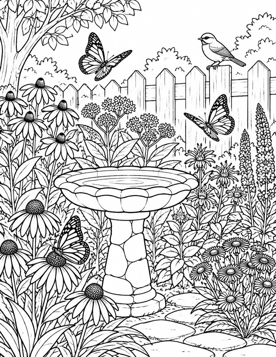 Coloring page: a backyard pollinator garden with a birdbath, native perennials and monarchs