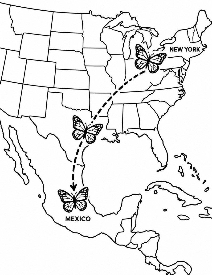 Coloring page: a map of North America with a dashed monarch migration route from New York to Mexico