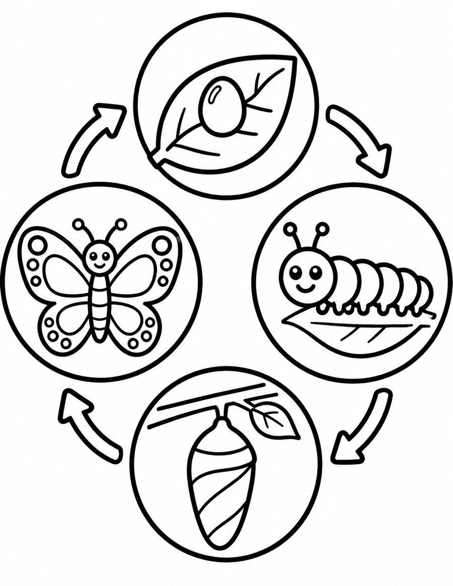 Coloring page: the monarch life cycle drawn as a wheel of egg, caterpillar, chrysalis and butterfly