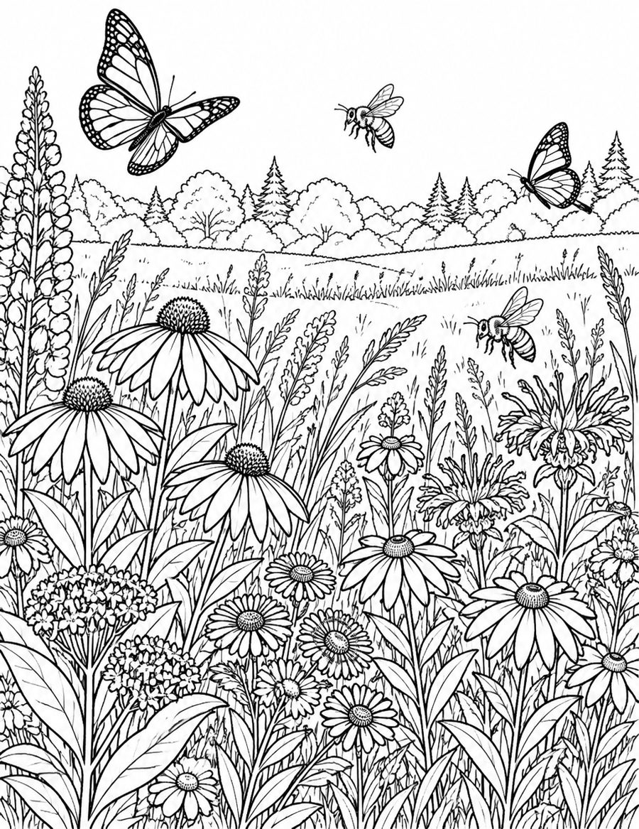 Coloring page: a wide native pollinator meadow border full of wildflowers, butterflies and bees