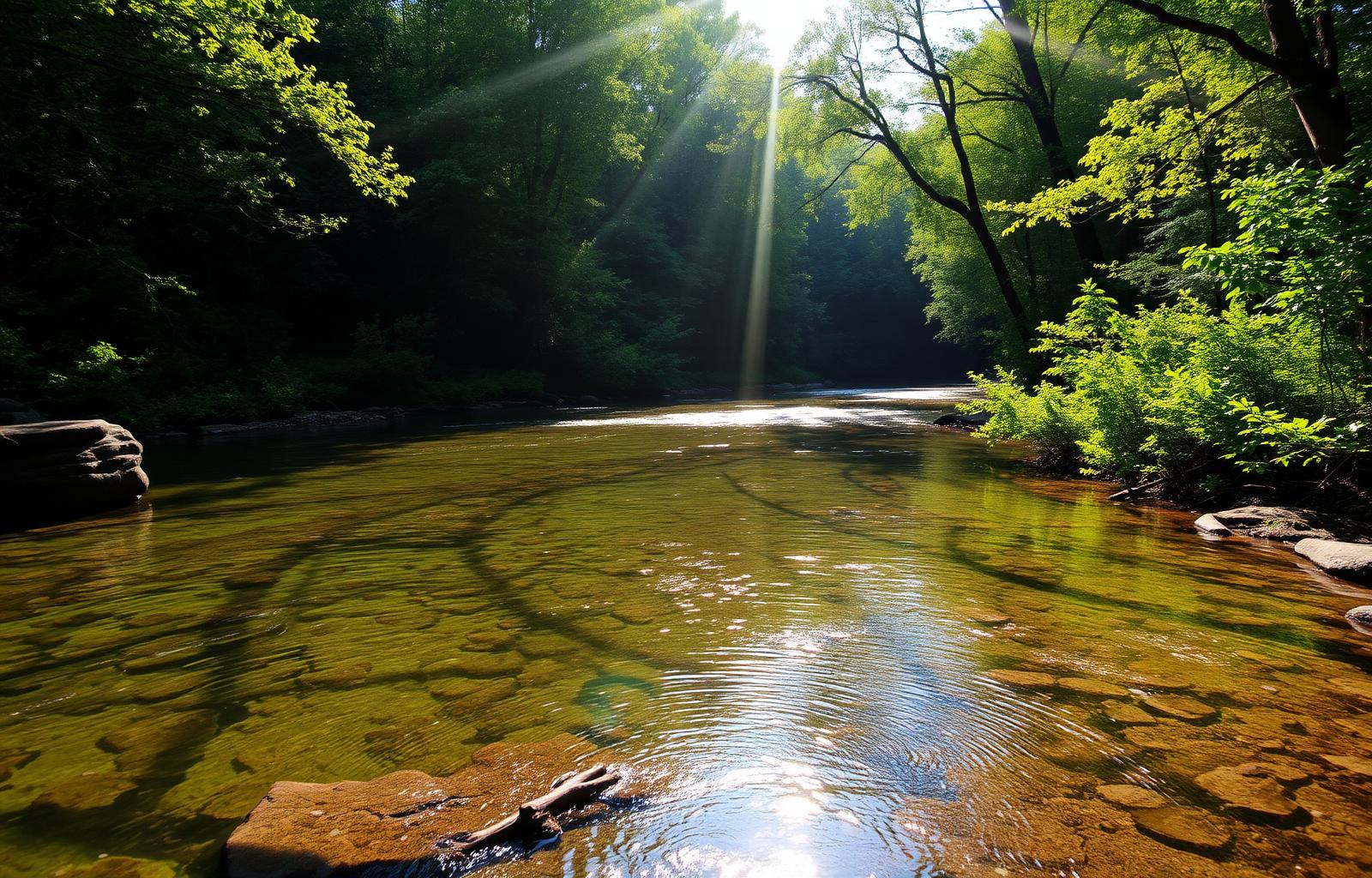 Sunlit Hudson Valley river running through forest