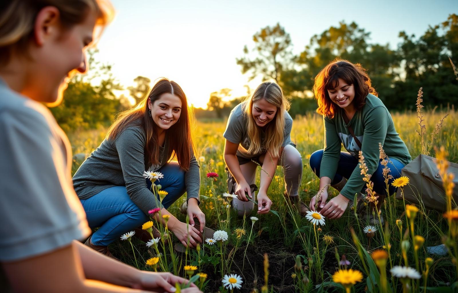 Community volunteers planting native wildflowers in a meadow at golden hour